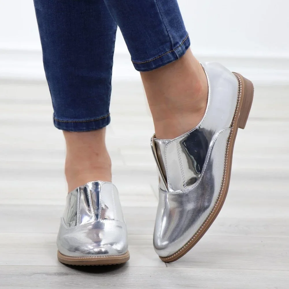 Silver Patent Flat Slip On Oxford Loafers - Picture 12 of 15